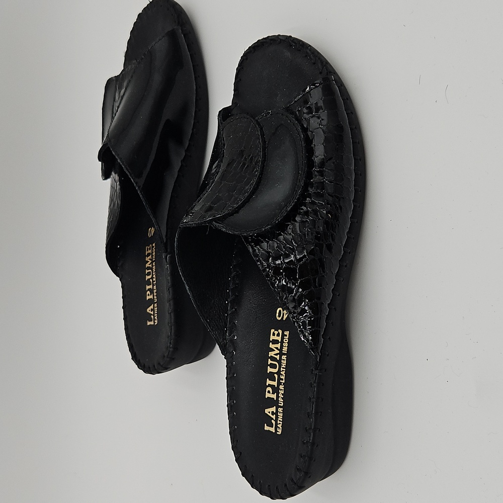 La Plume Leather Women's Black Slide Sandals Velcro 40 Slip On Anti Shock